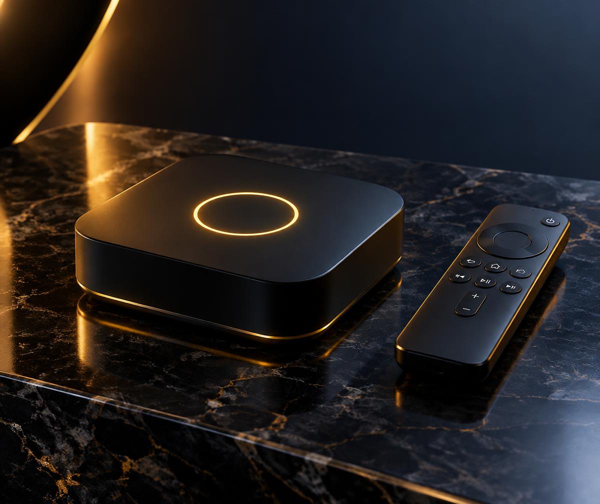 PLAYVERO TV Box console and remote on dark marble